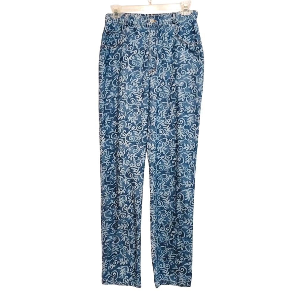 Vintage 90s Carole Little Blue White Floral Denim High Rise Straight Jeans Pants